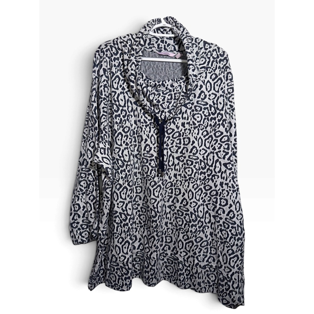 AnyBody Women 4X Leopard Print Cowl Neck Tunic Navy Blue Grey Long Sleeve Top